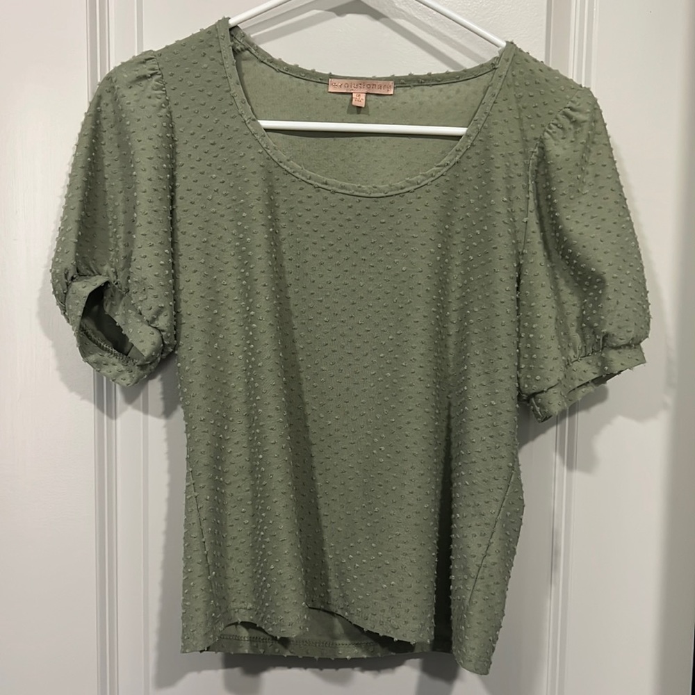 Evolutionary Saige Green Medium Puff Sleeve Crop Top. Textured dots.